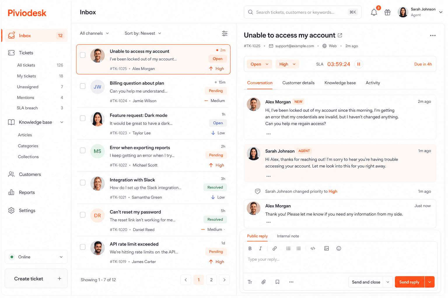 Piviodesk agent inbox with tickets and reply thread